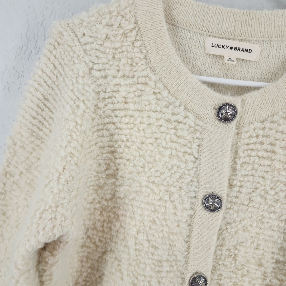 Lucky Brand Cream Boucle Star Button Cardigan Sweater Cozy Boho Womens Size M - Picture 2 of 6